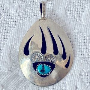 Vintage Sterling Silver Turquoise Bear Claw Paw Pendant